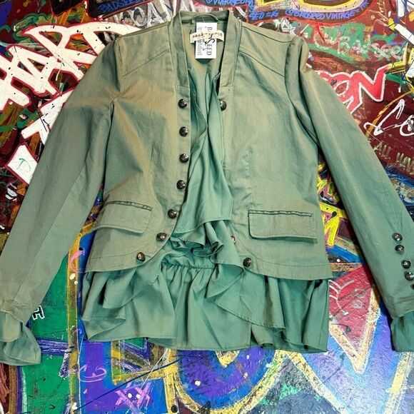 Free People Ruffle-Trim Military-Style Jacket in Sage Green -  Size XS - Picture 2 of 14